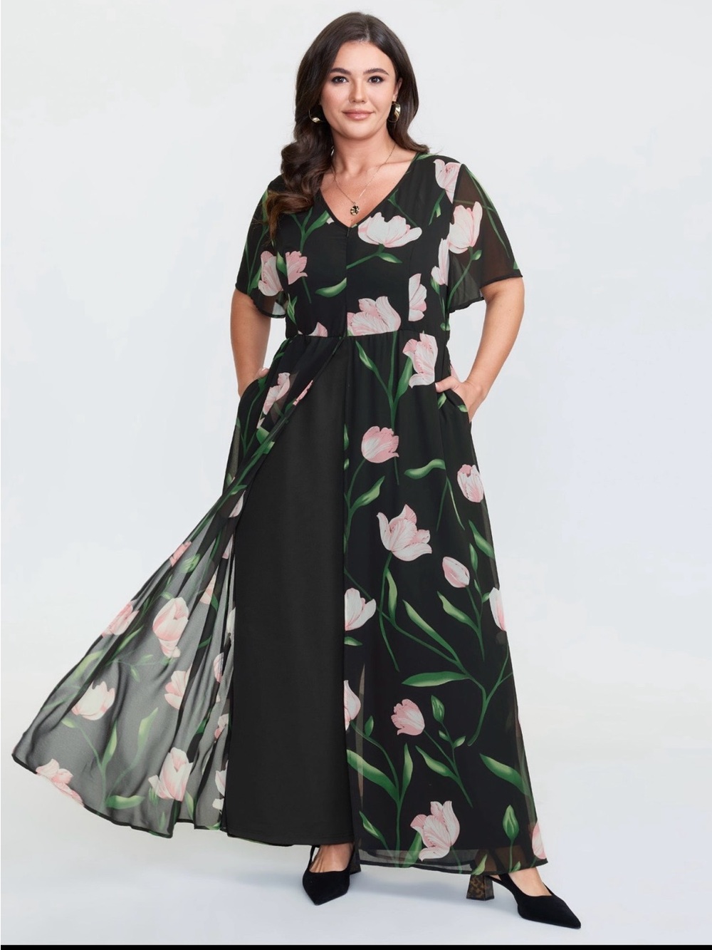 BloomChic Black and Pink Floral Layered Jumpsuit size 1X (14-16)